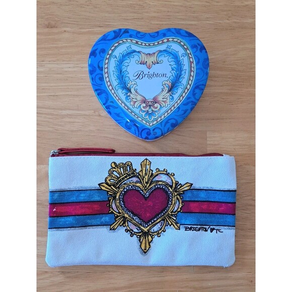 Brighton Heart Shaped Tin & In Love We Trust Canvas Zipper Pouch Cosmetic Bag - Picture 1 of 12